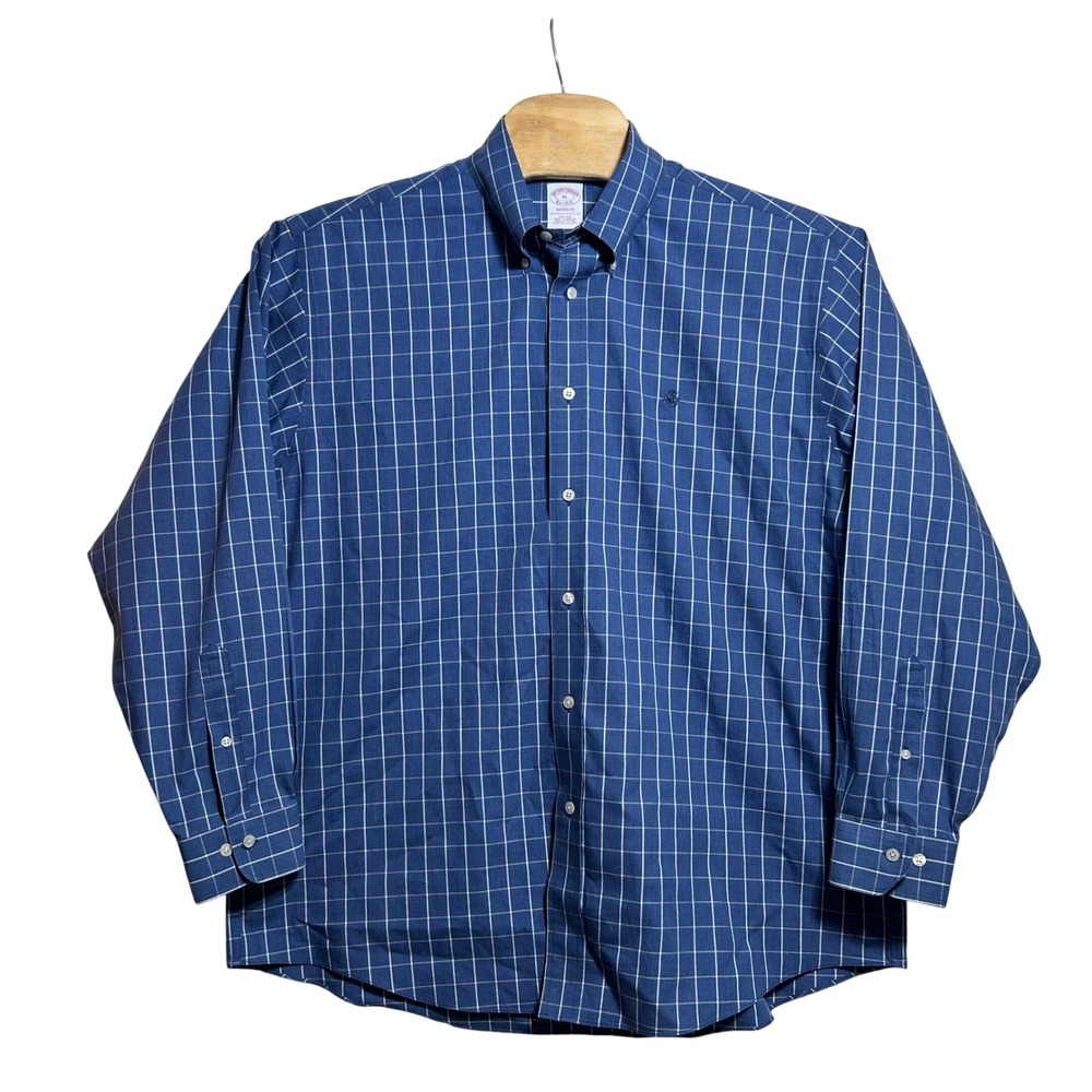 Brooks Brothers Madison Shirt XL Blue Windowpane Sufima Cotton Non-Iron Mens